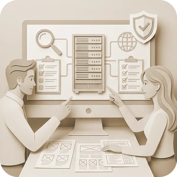 サーバ環境とセキュリティを診断するエンジニアのイラスト