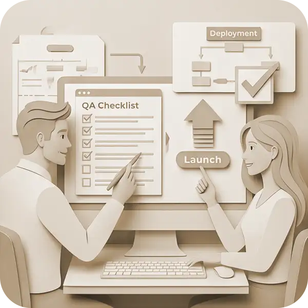 QAチェックリストと公開フローを確認するスタッフのイラスト