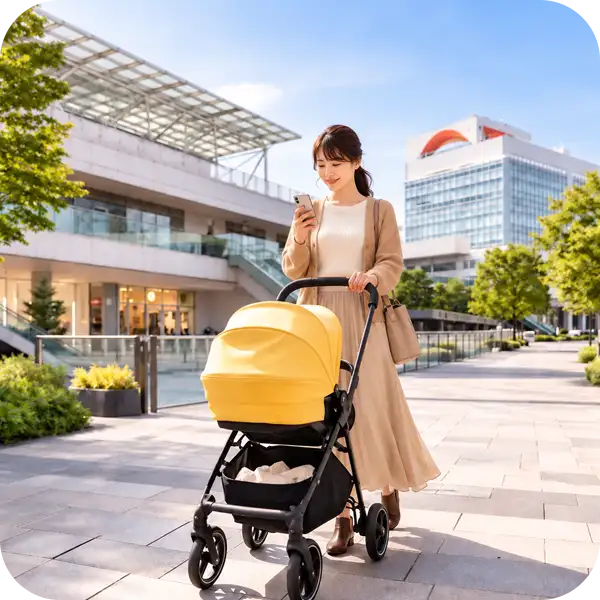 商業施設の前でベビーカーを押しながらスマートフォンを見る女性（土曜の午後に受診できるか、ベビーカーで入れるかを、地図アプリやAIで調べるイメージ）