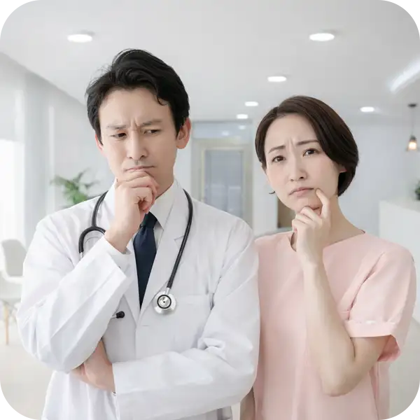 腕を組み浮かない表情で悩む医師と医療スタッフ（一般的なアピールが二子玉川の激戦区で埋もれてしまう理由）