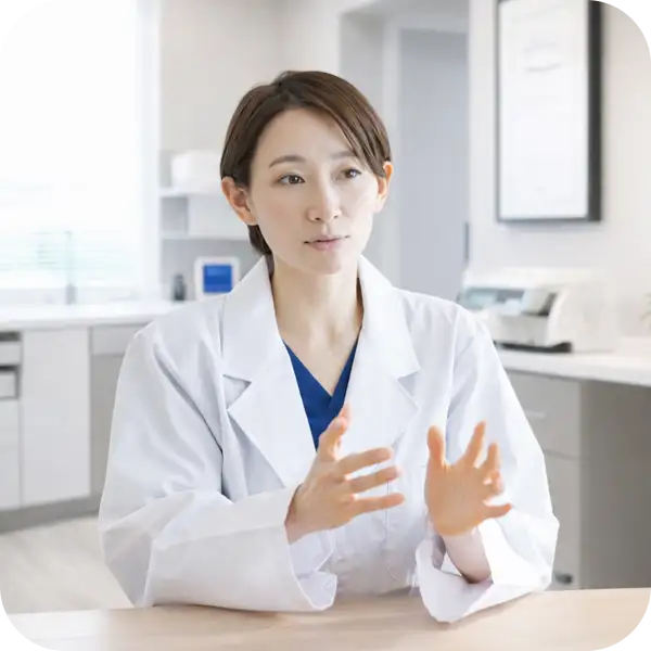 身振り手振りを交えて熱心に説明をする女性医師（他院には真似できない独自の治療方針や血の通った一次情報の発信）