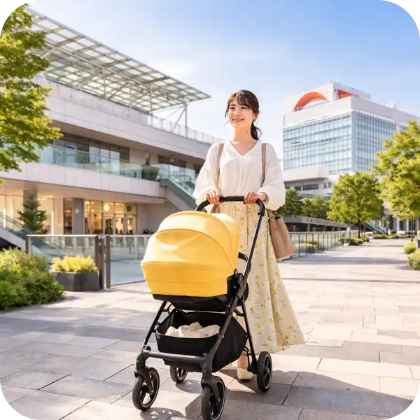 二子玉川の商業施設前で黄色のベビーカーを押して歩く女性（生活動線やタイパを重視した複雑な検索条件のイメージ）