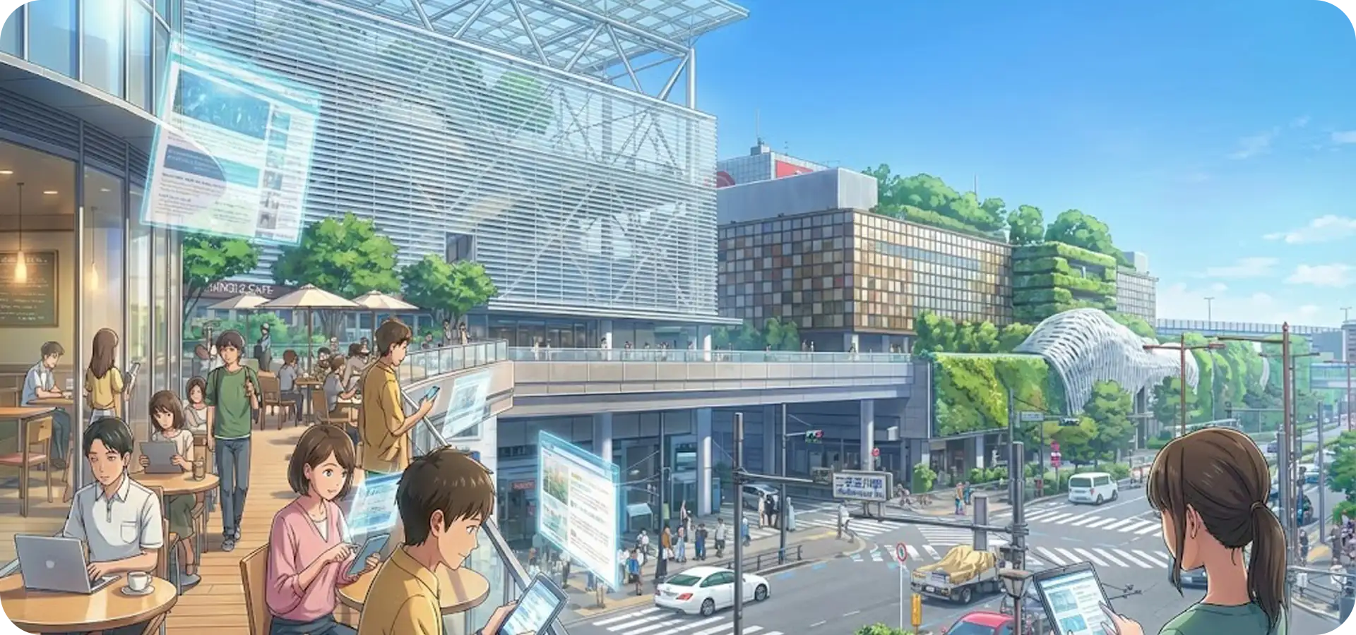 世田谷区の街並みとデジタル技術を融合した、地域密着かつAI集客に強いホームページ制作のイメージビジュアル