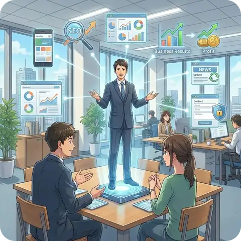 スマホ対応・SEO・更新機能など、ビジネス必須機能を追加費用なしで標準装備