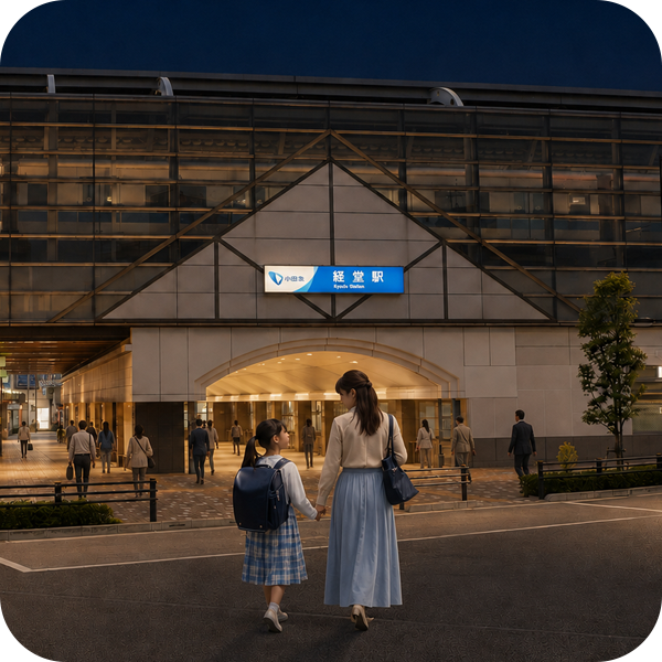 桜新町・経堂の保護者がスマートフォンでAIに塾選びを相談している様子（送迎動線や自習室の充実度など、個人的な条件をAIに尋ねているイメージ）