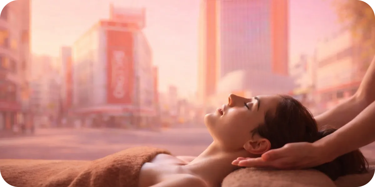 三軒茶屋のエステサロン内で、洗練された技術を持つセラピストの手によって、女性が深いリラックスと共にフェイシャル施術を受けている様子（インスタ映えやクーポン頼みの集客から脱却し、長く愛されるサロンを目指す自社ウェブブランディング戦略のイメージ）