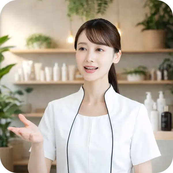 三軒茶屋のプライベートサロンで、セラピストがお客様の肌質や体質を見極め、根本改善に導くための独自の美容理論を、熱意を持って説明している様子（価格競争から抜け出す高付加価値コンテンツのイメージ）