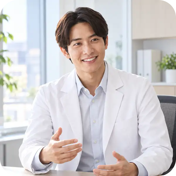 笑顔で身振りを交えながら丁寧に説明する白衣の歯科医師（紹介された方がサイトで確かめたい、院長の説明の仕方を表すイメージ）
