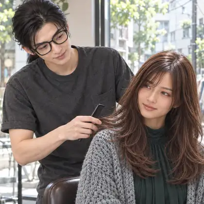 下北沢の古着屋が並ぶ路地を背景に、笑顔で施術を行う美容師とヘアスタイルが決まった女性客。バンブーハウスが提案する、個性が伝わるサロンのイメージ。