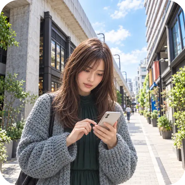 下北沢の街でスマートフォンを見ながらサロンを検索する女性の様子（髪質改善やトレンドカラーなど、個人的な条件をAIに尋ねているイメージ）