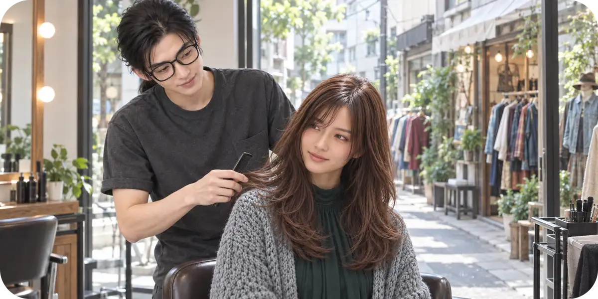 下北沢の古着屋が並ぶ路地を背景に、笑顔で施術を行う美容師とヘアスタイルが決まった女性客。バンブーハウスが提案する、個性が伝わるサロンのイメージ。
