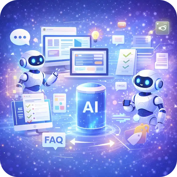AIロボットを中心に、FAQの自動応答やチャットボットがWebサイト上で稼働しているAI活用のイメージ