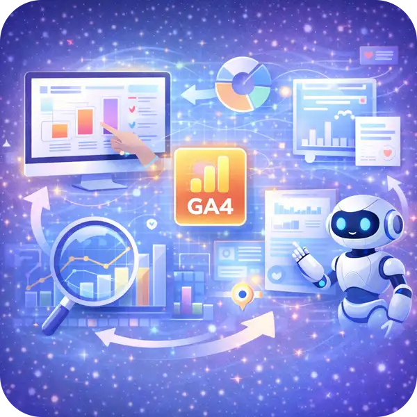 GA4のロゴを中心に、グラフやダッシュボードを用いてアクセスデータの解析や改善点を見つけ出しているイメージ