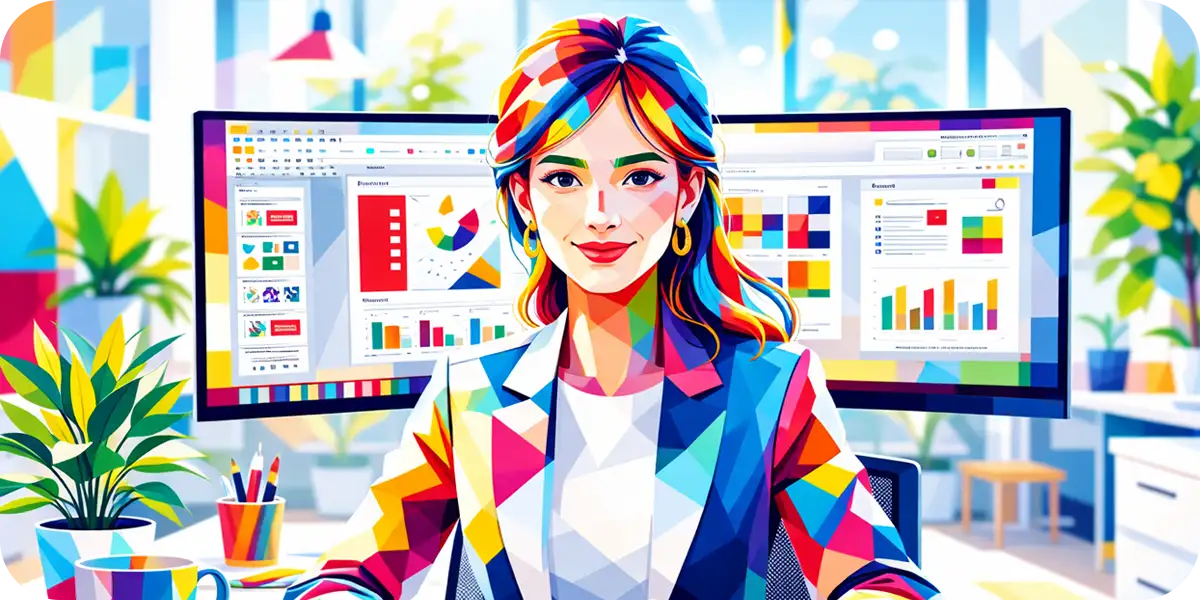 Web制作やデータ解析の画面が映るモニターの前に座り、自信に満ちた表情で前を見据える女性のイラスト