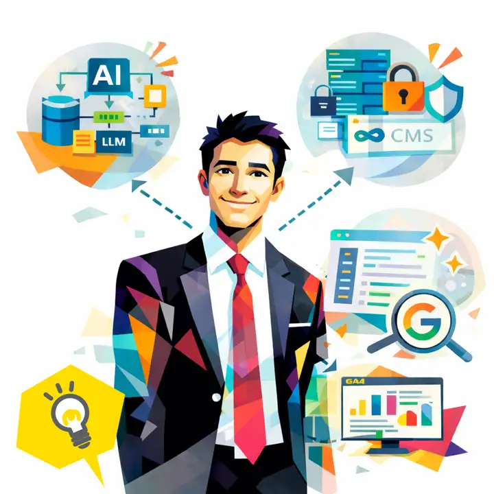 AI技術、強固なセキュリティのCMSサーバ、GA4によるデータ解析を象徴するアイコンを背景に、自信を持って微笑む男性のイラスト