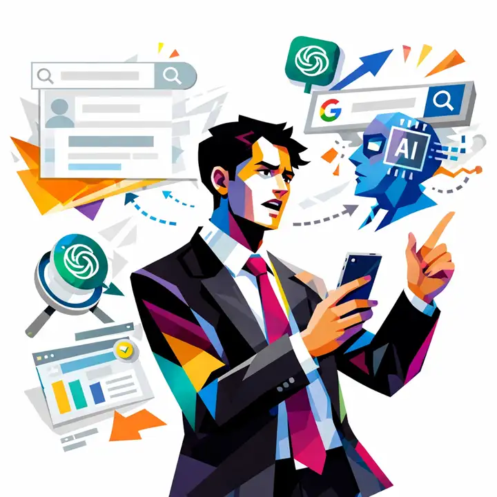 スマートフォンを片手に、検索エンジンと融合したAIを驚いた表情で見つめる男性のイラスト