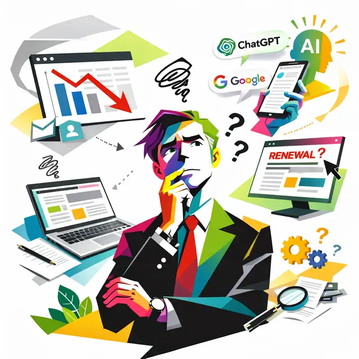 業績低下を示す右肩下がりのグラフやAIのアイコン、サイトリニューアルの画面に囲まれ、どうすべきか悩んでいる男性のイラスト