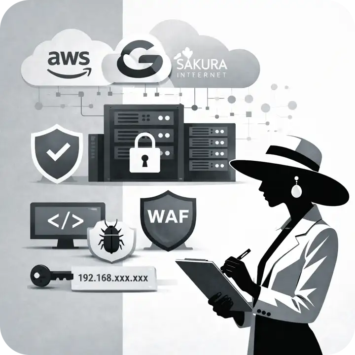 バンブーハウスのインフラ構築の強みである、ガバメントクラウド対応・セキュアサーバー選定・WAFや脆弱性診断などの多層防御を示す図解