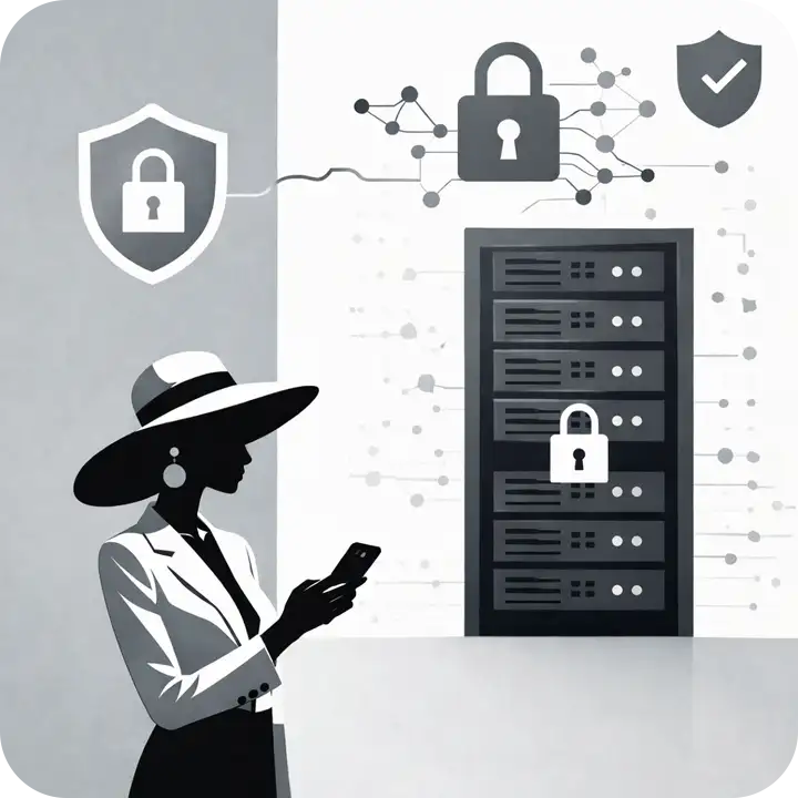 情報漏洩リスクやサーバの脆弱性など、セキュリティ環境に悩みを抱えるWeb担当者と堅牢なサーバーのイメージ