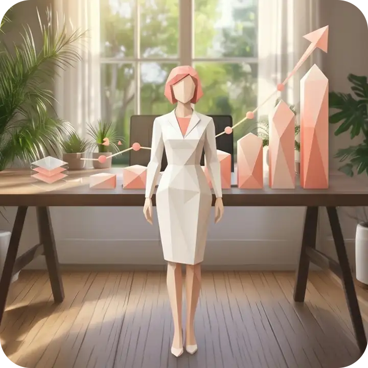 成果（上昇グラフ）を育てるための伴走をイメージした、女性とグラフのイラスト