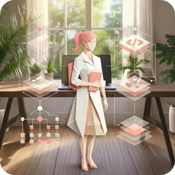 AIに見つけてもらいやすい情報構造を表す、階層図とデータの層を持つ女性のイラスト